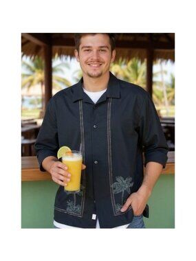Havana Jack's Cafe Hawaiian Button Up Black, Green Gold  Embroidery Size L VACAY